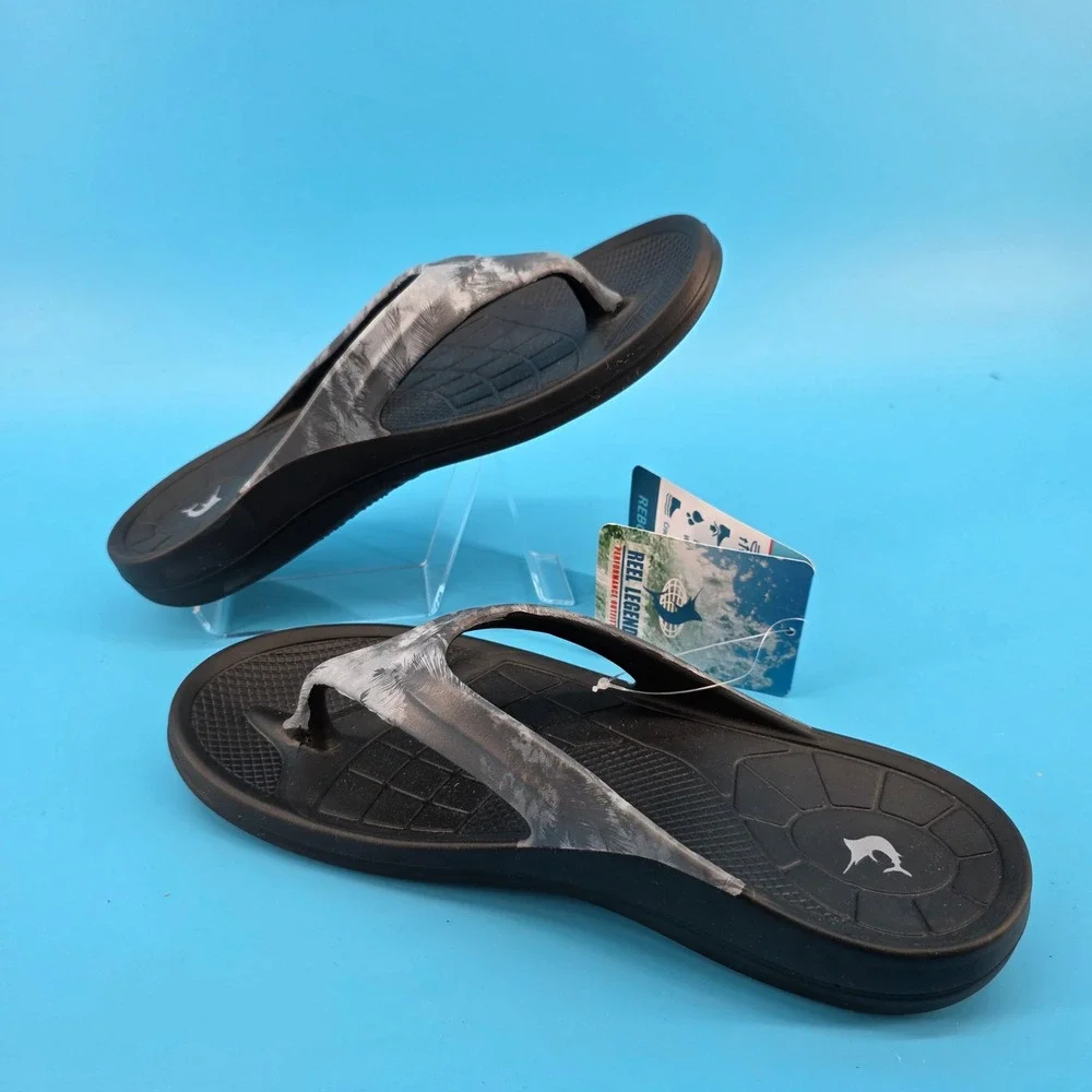 Reel Legends Unisex Flip Flop Sandals Black Smoked Pearl Palm Leaf Size 9 NEW